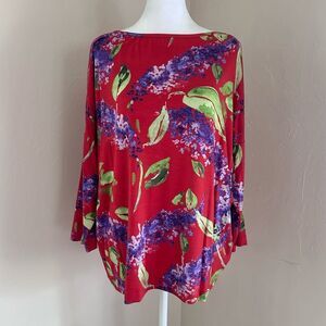 St. John Wisteria Floral Print Oversized 3/4 Sleeve Top in Red & Purple Floral S